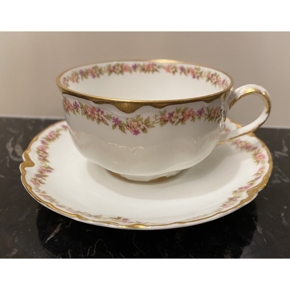Vintage HAVILAND Limoges France Tea Cup & Saucer Floral Pink Gold Gild